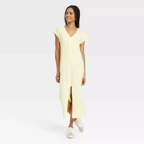 A-14 Short Sleeve Midi T-Shirt Dress - Universal Thread Yellow S: V Neck - Picture 1 of 2